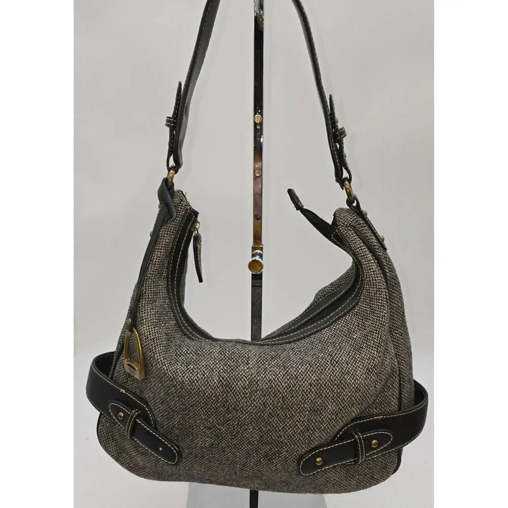 Chaps Tweed & Leather Hobo Shoulder Bag With Brass Accents old money academia